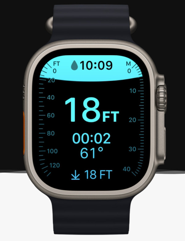 Màn hình hiển thị độ sâu và nhiệt độ nước trên Apple Watch Ultra
